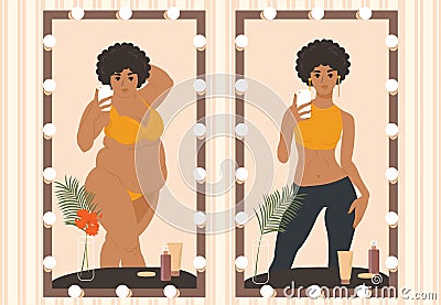 Mirror selfie. Overweight Problems. Young fat and slim African American Girl taking a selfie on smartphone Vector Illustration