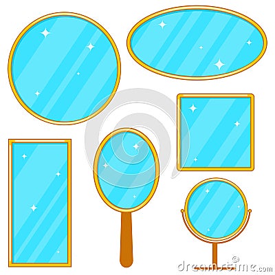 Mirror, a set of realistic mirrors in a gold frame, a set of mirrors. Vector Illustration