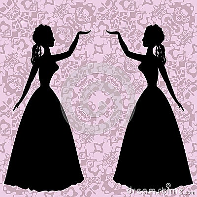 Mirror silhouettes dancing women on ornamental background in rococo style Vector Illustration