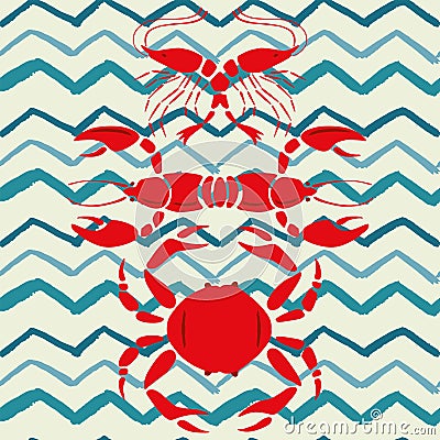 Mirror style lobster shrimp crab seamless zigzag background Vector Illustration