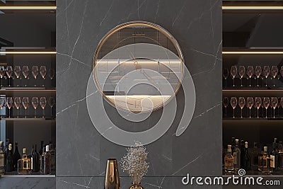 Mirror Style Wall Watch on the Blackish Wall, Home Bar Items, Empty space interior Stock Photo