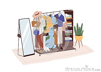 Mirror and summer fashion wardrobe with stylish outfits. Women clothes hanging on hanger and lying on shelves of storage Vector Illustration