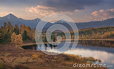 Mirror Surface Lake Beautiful Evening Autumn Landscape With Mountain Range On Background Stock Photo