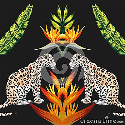 Mirror tigress tropical flowers and leaves black background Vector Illustration