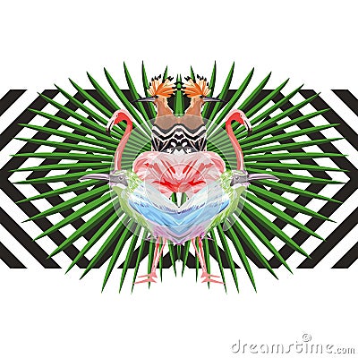 Mirror tropical birds and leaves geometric background Vector Illustration