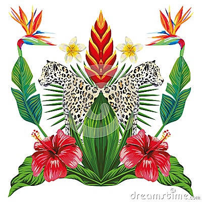 Mirror tropical composition from animal and plants white background Vector Illustration