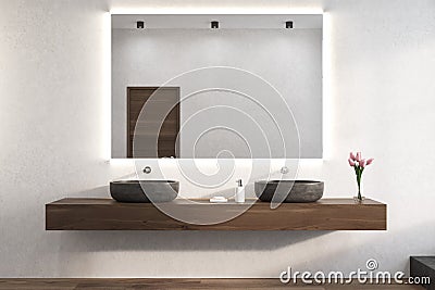 Mirror on a white bathroom wall, sinks Stock Photo