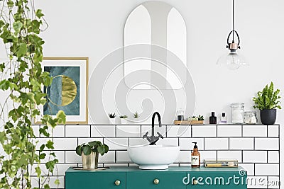 Mirror on white wall above green washbasin in bathroom interior with plants and poster. Real photo Stock Photo