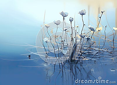 Mirrored Dream: Blue Flowers over Water Stock Photo