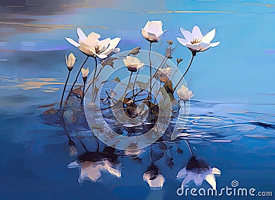 Mirrored Dream: Blue Flowers over Water Stock Photo