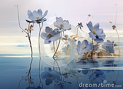 Mirrored Dream: Blue Flowers over Water Stock Photo
