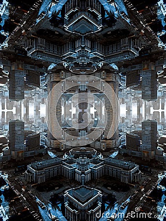 mirrored geometry lines and shapes, symmetry perspective intricate pattern, hi-tech abstract background with technology Stock Photo