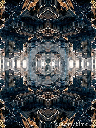 mirrored geometry lines and shapes, symmetry perspective intricate pattern, hi-tech abstract background with technology Stock Photo