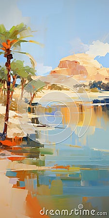 Mirrored Reflections: Vibrant Desert Oasis Painting Stock Photo