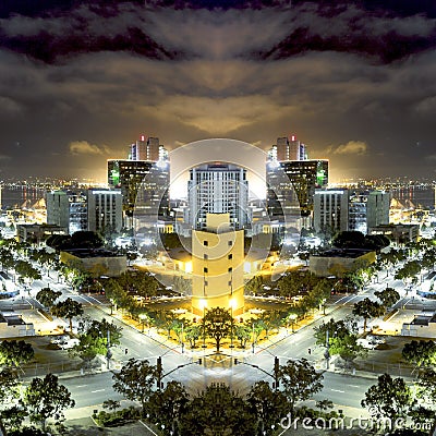 Mirrored view of downtown San Diego with trees Stock Photo