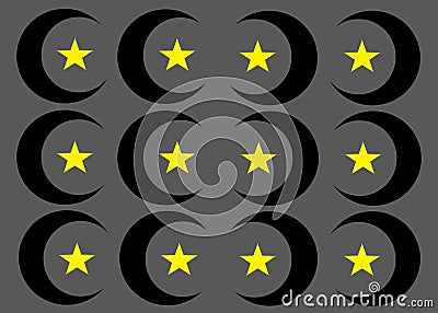 Mirroring duplicates of a bright yellow five point star within a black crescent moon dark grey backdrop Cartoon Illustration