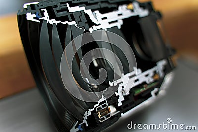 Mirrorless camera lens cut in half Stock Photo