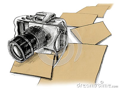 Mirrorless camera pencil sketch and paper free space Stock Photo