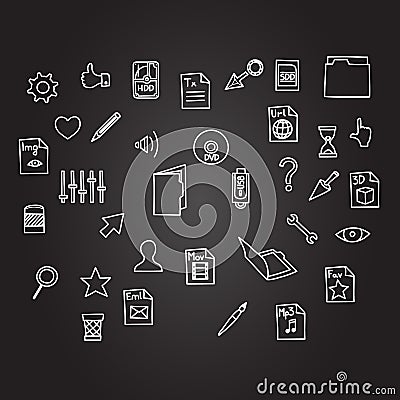 Misc file and cursor computer technology icon business set in sketch hand drawing black board style Vector Illustration