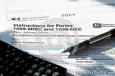 1099 Misc. and W2 Tax Forms. Stock Photo