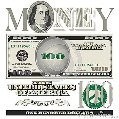 Miscellaneous 100 dollar bill elements Vector Illustration