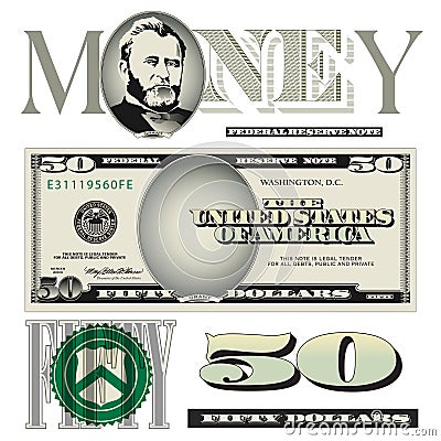 Miscellaneous 50 dollar bill elements Vector Illustration