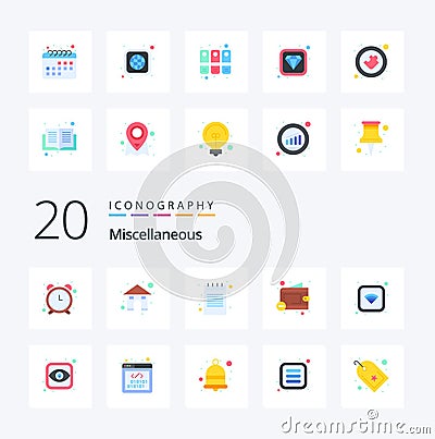 20 Miscellaneous Flat Color icon Pack like signal book reduce money less money Vector Illustration