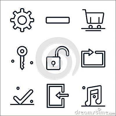 miscellaneous line icons. linear set. quality vector line set such as music, login, check, repeat, unlock, key, cart, minus Vector Illustration