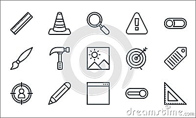 Miscellaneous line icons. linear set. quality vector line set such as ruler, browser, target, switch on, pencil, painting, target Vector Illustration