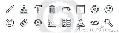 Miscellaneous line icons. linear set. quality vector line set such as search, cone, ruler, happy, tactile, hammer, switch on, id Vector Illustration