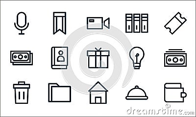 miscellaneous line icons. linear set. quality vector line set such as wallet, home, trash can, plate, folder, money, light bulb, Vector Illustration