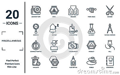 miscellaneous linear icon set. includes thin line adhesive tape, diminish, compass pointing north, evaluate, scrapbook, Vector Illustration