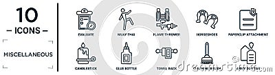 miscellaneous linear icon set. includes thin line evaluate, flame thrower, paperclip attachment, glue bottle, cleaning brush, army Vector Illustration