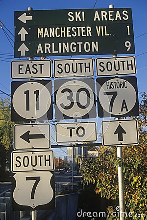 Miscellaneous road signs in Vermont Editorial Stock Photo