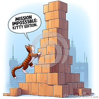 A mischievous cat attempting, to conquer a towering stackof empty boxes, with caption, cartoon, digital art Stock Photo