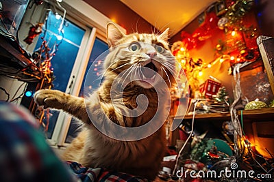 A cat left alone at home wreaks havoc in a room decorated for Christmas Stock Photo