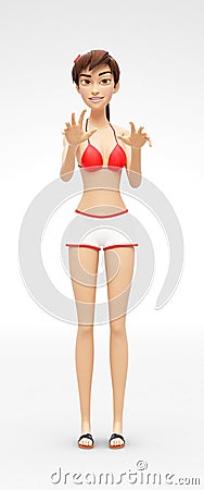 Mischievous, Greedy and Threatening Jenny - 3D Cartoon Female Character Model - Reaching Out with Crawling Look Like Spider Stock Photo