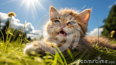 A mischievous kitten rolling onto its back on a grassy meadow Stock Photo