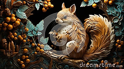 A mischievous squirrel gathering acorns in an oak tree, tile art Stock Photo