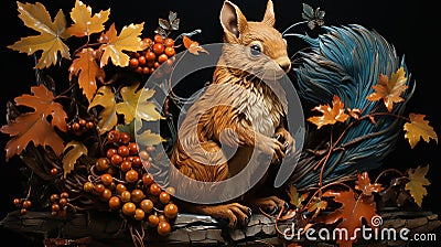 A mischievous squirrel gathering acorns in an oak tree, tile art Stock Photo
