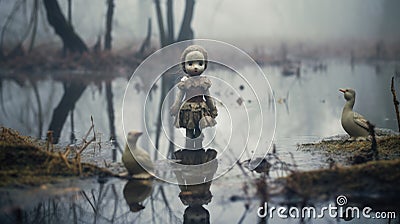 Miserable creepy toy doll standing in wet and muddy swamp - generative ai Stock Photo