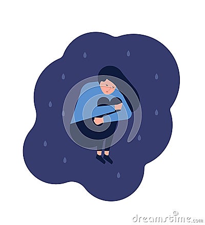 Miserable lonely young woman sitting on floor. Depressed, unhappy or upset girl. Female character in trouble, depression Vector Illustration