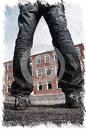 Misfit young man with scattered legs standing in front of a building. Charcoal illustration Cartoon Illustration