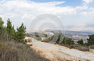 Panoramic view from Bania observation deck near Israeli Misgav Am village to valley in Upper Galilee, Golan Heights and Mount Editorial Stock Photo