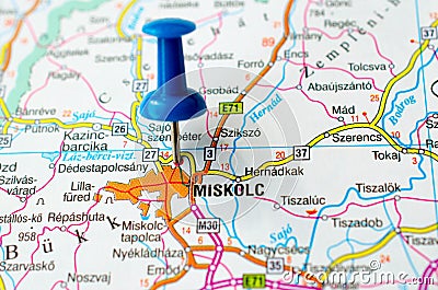 Miskolc on map Stock Photo