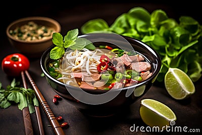 asian food vegetable soup bowl meal background noodle epicure hot japanese. Generative AI. Stock Photo