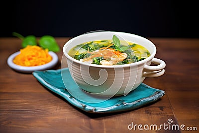 miso soup with shrimp and watercress, bright lighting Stock Photo