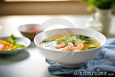 miso soup with shrimp and watercress, bright lighting Stock Photo