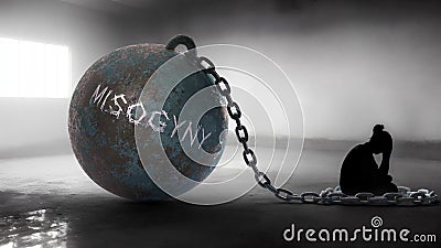 Misogyny against a woman. Trapped in a hate prison, chained to a burden of Misogyny. Alone in pain and suffering Stock Photo