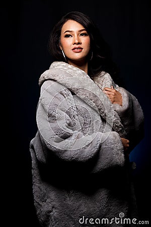 Miss beauty fashion asian woman in Fur Gray winter Stock Photo